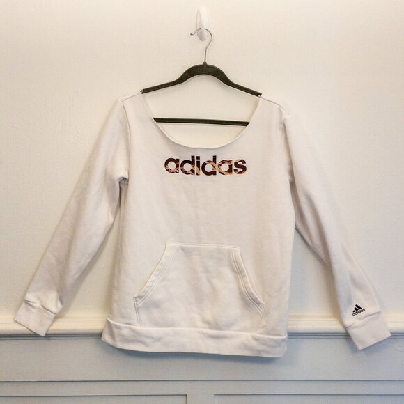 Adidas White Leopard Print Logo Fleece Pullover Sweatshirt – Women’s Size S - Picture 2 of 5